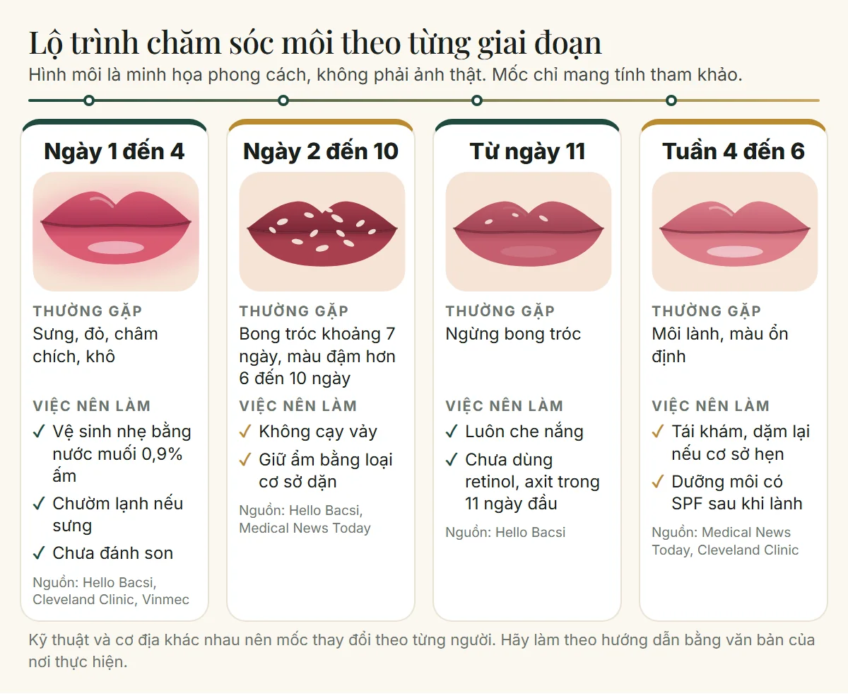Lộ trình chăm sóc môi sau phun xăm theo bốn giai đoạn từ ngày 1 đến tuần 6, mỗi giai đoạn có hình môi minh họa, dấu hiệu thường gặp và việc nên làm