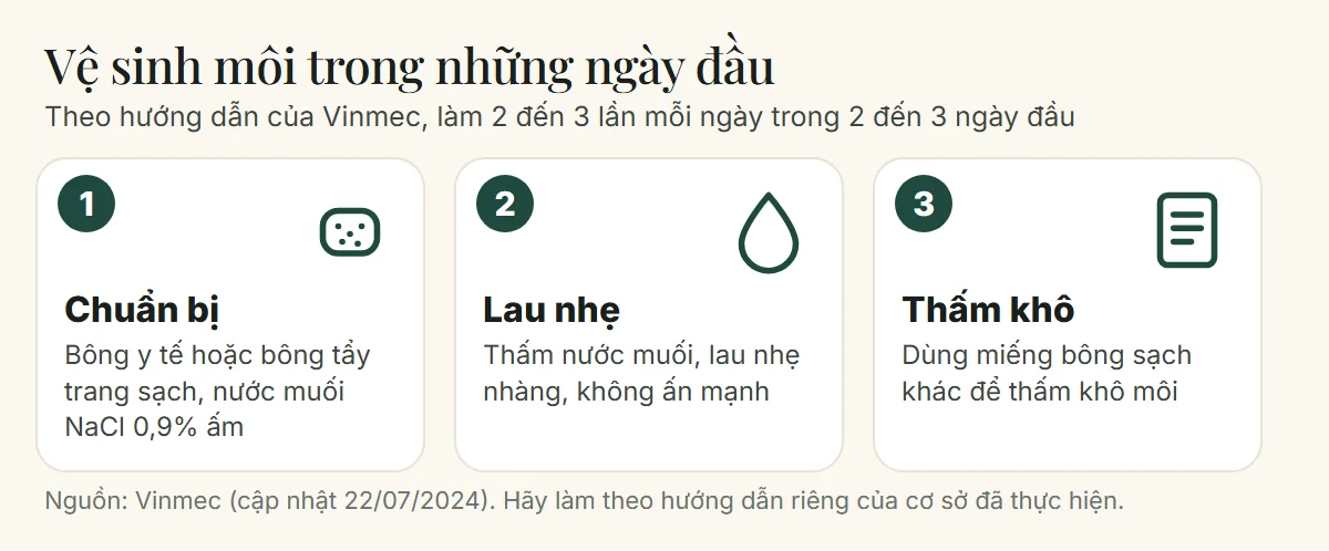 Ba bước vệ sinh môi sau phun xăm bằng nước muối NaCl 0,9% ấm: chuẩn bị bông sạch, lau nhẹ, thấm khô