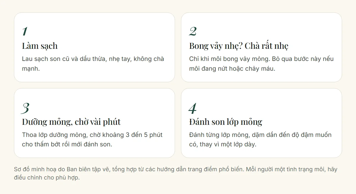 Bốn bước chăm sóc môi trước khi đánh son: làm sạch, chà nhẹ khi bong vảy, dưỡng mỏng chờ vài phút và đánh son lớp mỏng