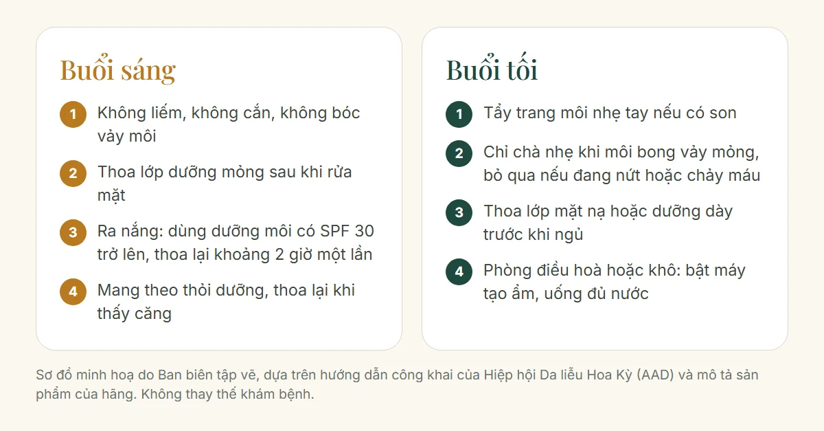 Quy trình chăm sóc môi khô nứt nẻ buổi sáng và buổi tối gồm bốn việc mỗi buổi