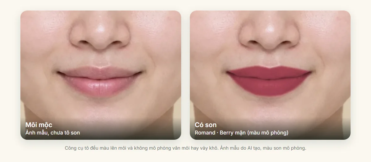 Ảnh môi mộc và môi có son Romand Berry mận trên ảnh mẫu, kết quả của công cụ thử son online