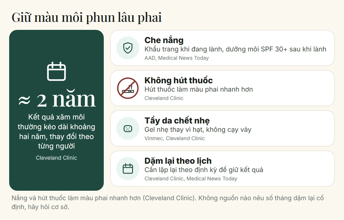 Bốn cách giữ màu môi phun lâu phai: che nắng, không hút thuốc, tẩy da chết nhẹ, dặm lại theo lịch; kết quả thường kéo dài khoảng hai năm
