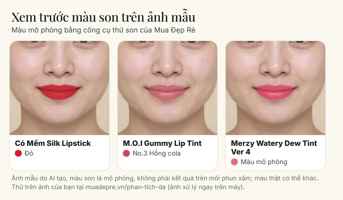 Xem trước màu son trên ảnh mẫu do AI tạo: Cỏ Mềm Silk Lipstick, M.O.I Gummy Lip Tint và Merzy Watery Dew Tint, màu mô phỏng bằng công cụ thử son