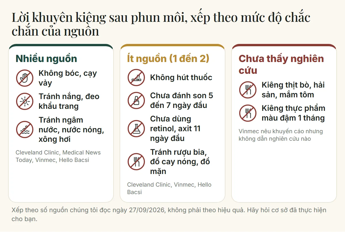 Sau khi phun môi kiêng gì: lời khuyên xếp thành ba nhóm theo mức độ chắc chắn của nguồn, có biểu tượng cho từng việc nên tránh