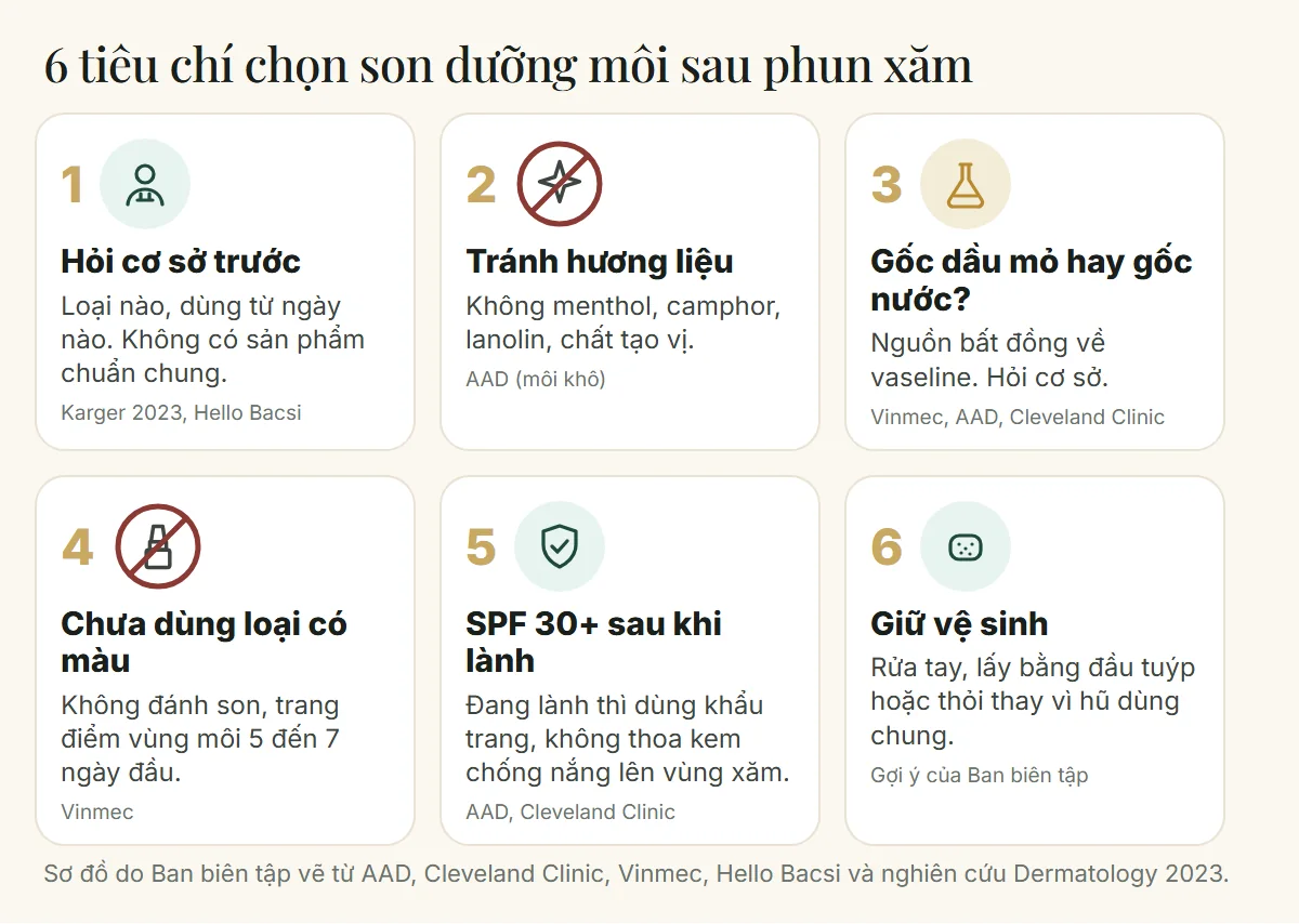 Sáu tiêu chí chọn son dưỡng môi sau phun xăm: hỏi cơ sở, tránh hương liệu, gốc dầu mỏ hay gốc nước, chưa dùng loại có màu, SPF 30 sau khi lành, giữ vệ sinh