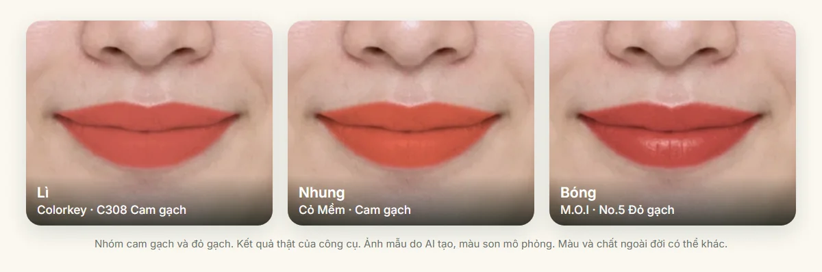 So sánh ba chất son cùng nhóm cam gạch và đỏ gạch trên một khuôn mặt: Colorkey C308, Cỏ Mềm cam gạch và M.O.I Gummy No.5 đỏ gạch