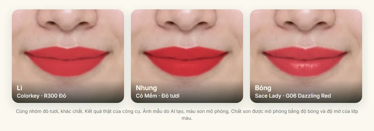 So sánh ba chất son cùng tông đỏ tươi trên một khuôn mặt: son lì Colorkey R300, son nhung Cỏ Mềm đỏ tươi và son bóng Sace Lady G06