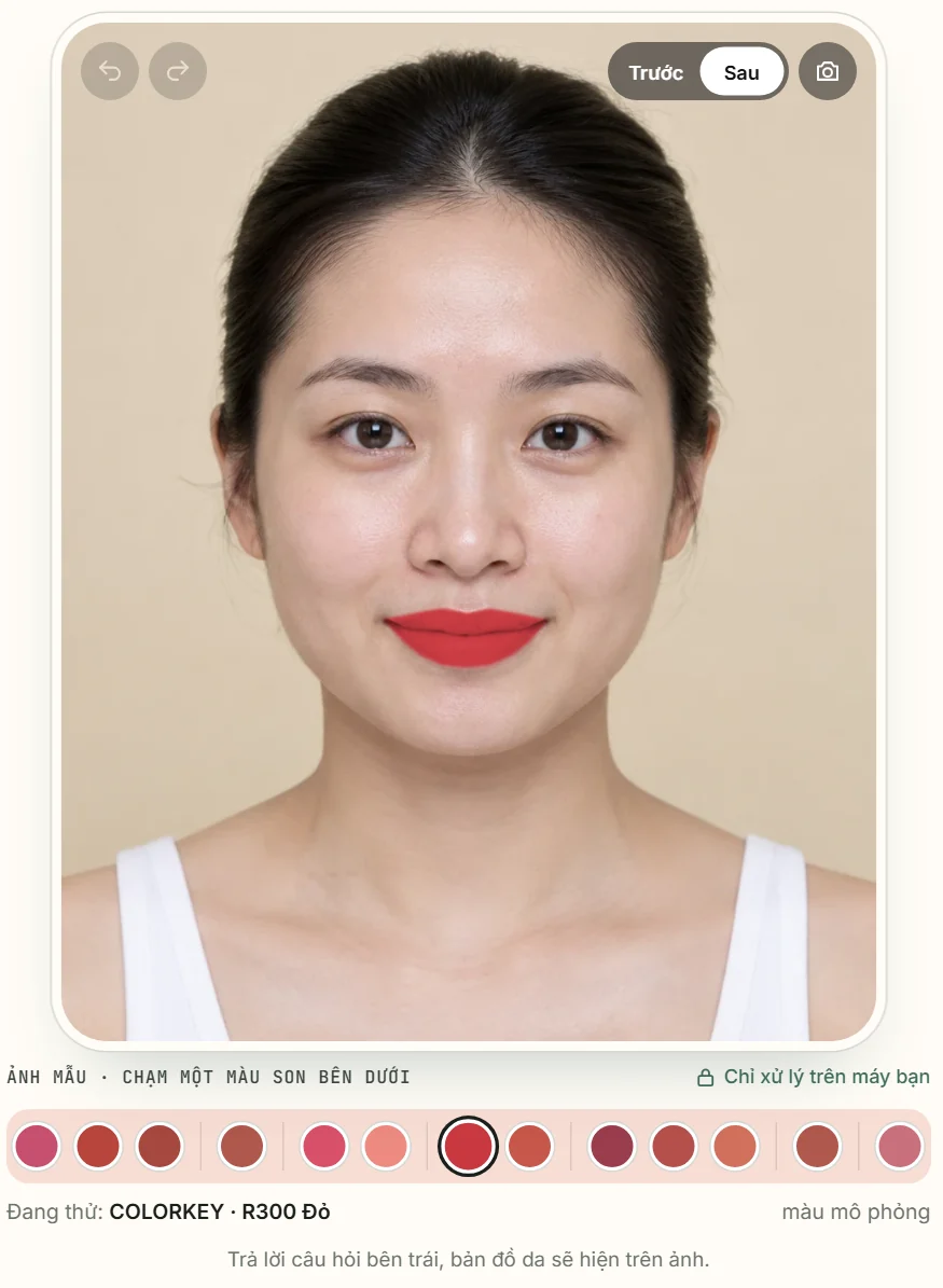 Giao diện công cụ thử son online của Mua Đẹp Rẻ: ảnh mẫu đã tô son đỏ và dải chấm màu bên dưới