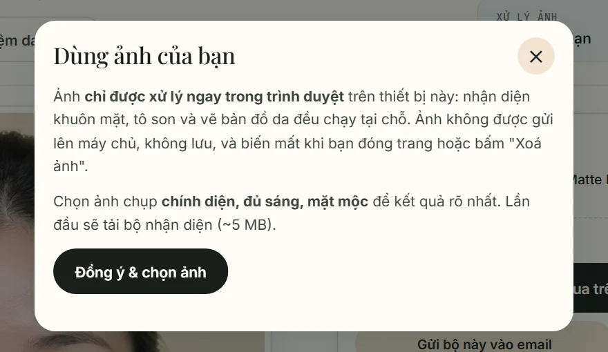 Hộp thoại đồng ý khi dùng ảnh của bạn trong công cụ thử son online, ghi rõ ảnh chỉ xử lý trong trình duyệt