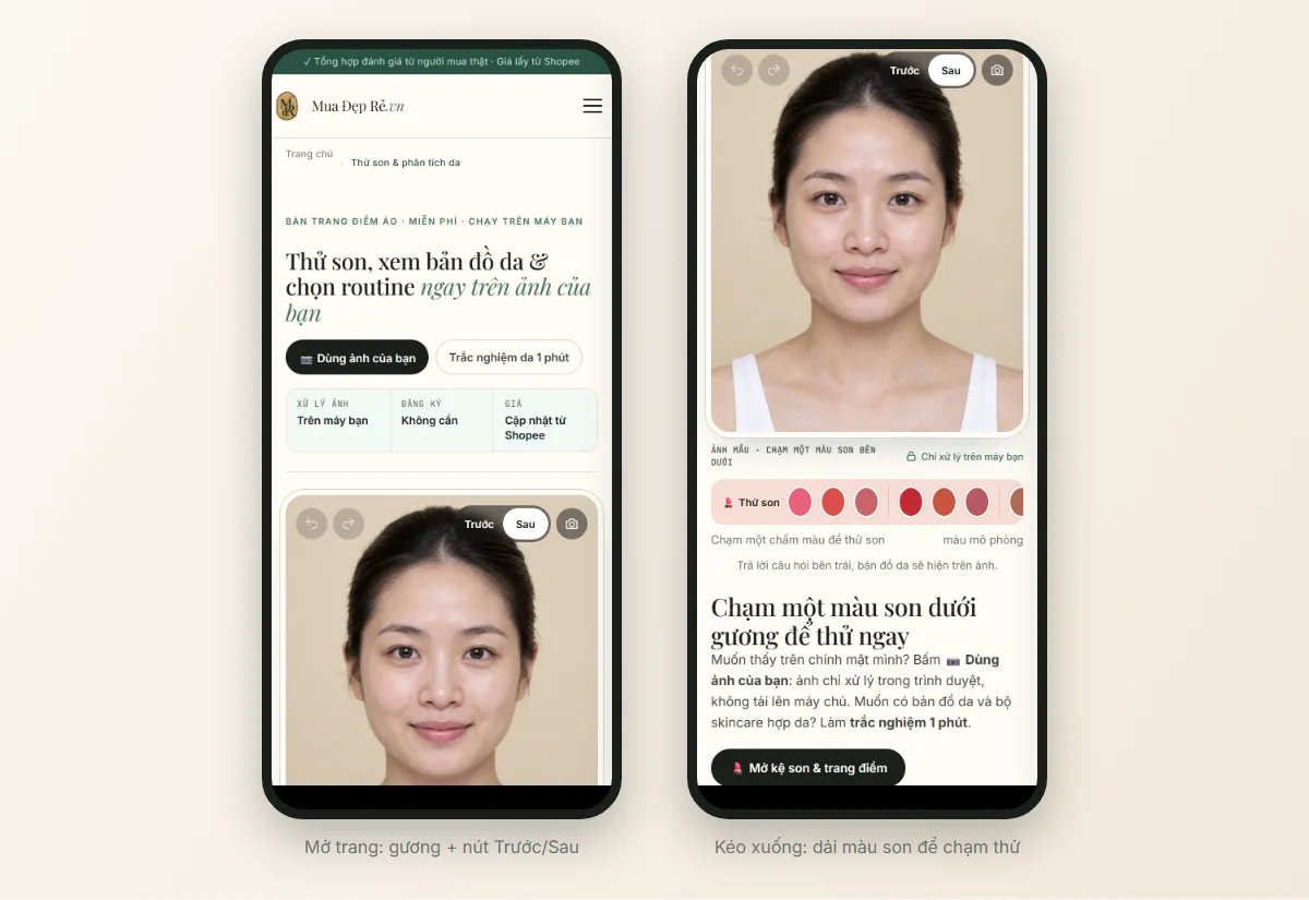 Công cụ thử son online trên điện thoại: màn hình đầu có nút Trước Sau và màn hình dải màu son