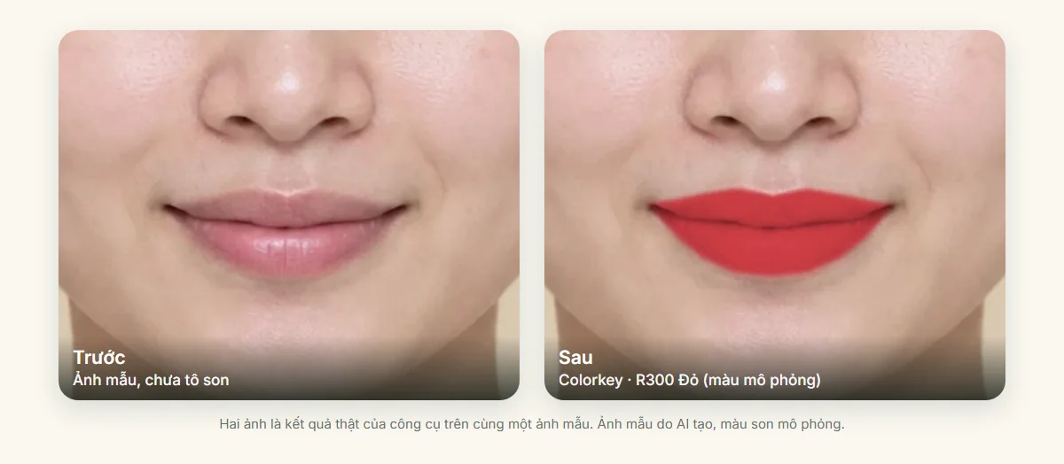 Ảnh môi trước và sau khi thử son đỏ Colorkey R300 trên ảnh mẫu bằng công cụ thử son online