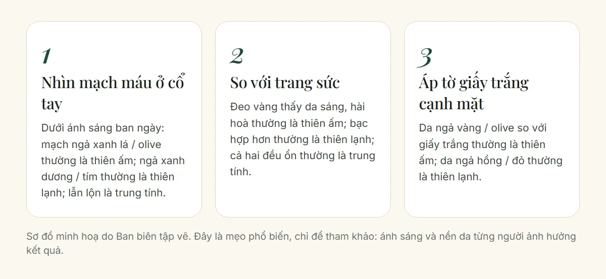 Ba mẹo xác định tông da: nhìn mạch máu ở cổ tay, so với trang sức vàng bạc và áp tờ giấy trắng cạnh mặt