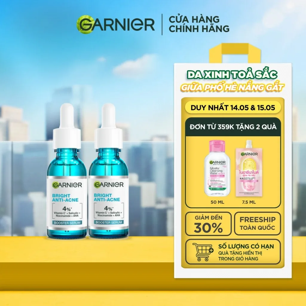 Bộ đôi dưỡng chất cho da dầu mụn Garnier Bright Complete Anti-Acne Serum 4% [Niacinamide, BHA, AHA, Vitamin C] 30mlX2