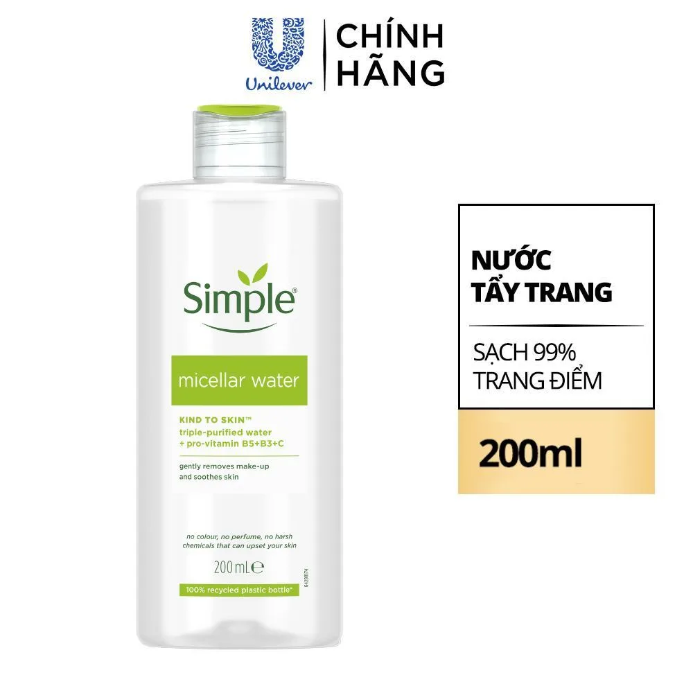 Nước tẩy trang Simple Micellar 200ml: sạch dịu nhẹ cho da nhạy cảm