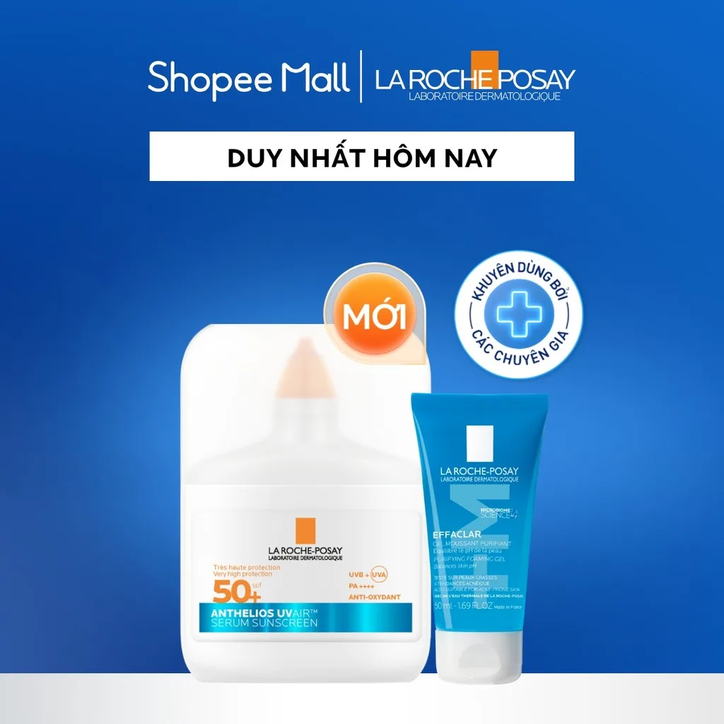 Bộ đôi chống nắng dạng serum siêu mỏng nhẹ Anthelios UVAir SPF50+ và sữa rửa mặt Effaclar