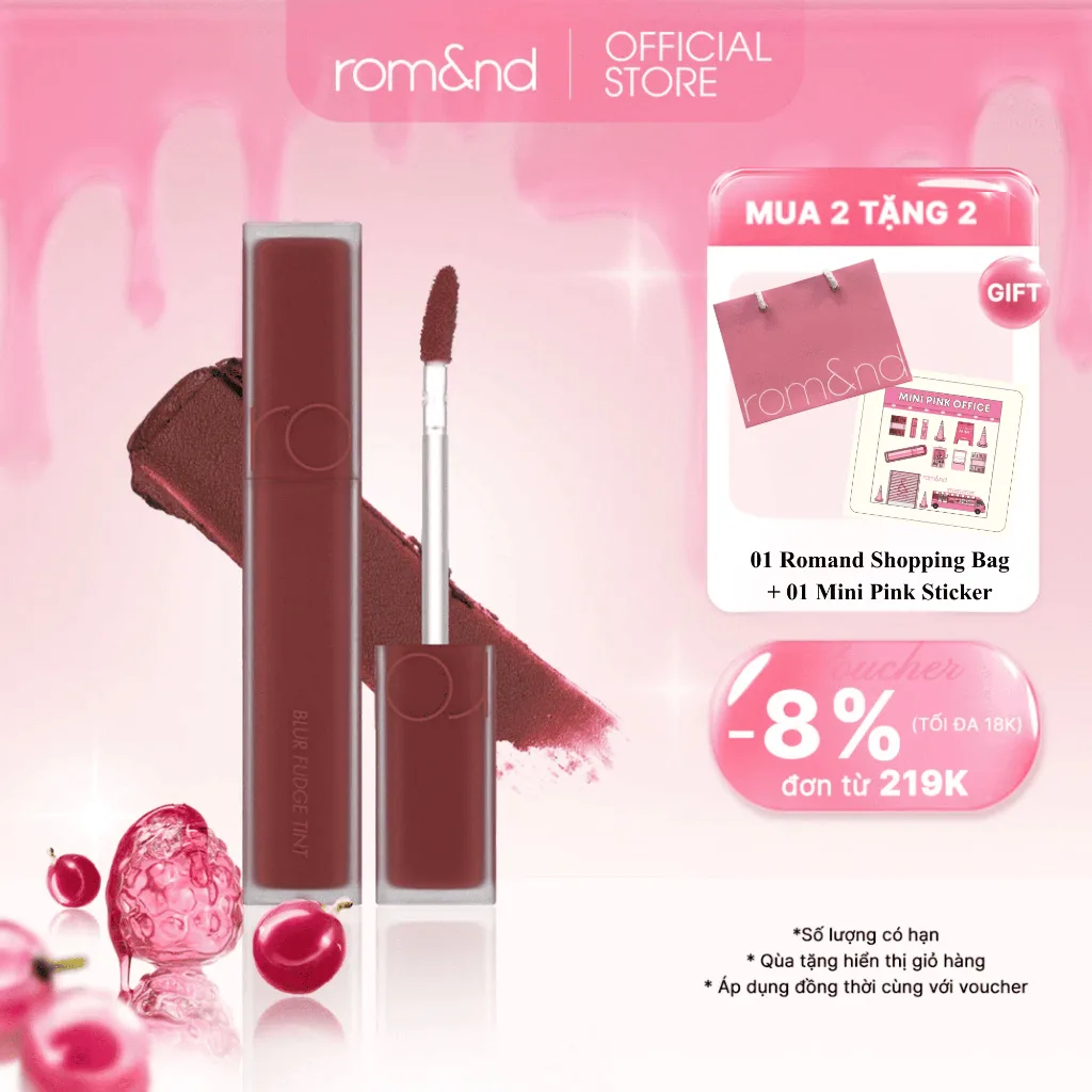 Son kem Romand Blur Fudge Tint: Lì mờ ảo chuẩn Hàn, môi mịn cả ngày