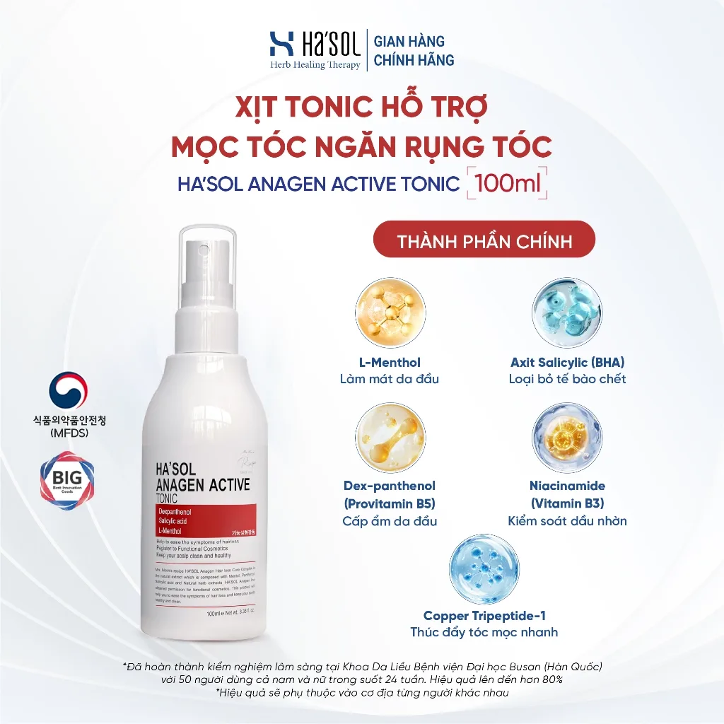 Xịt kích mọc tóc Ha'Sol Anagen Active Tonic: Cứu cánh tóc rụng mỏng yếu